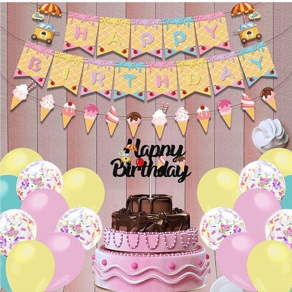 NWT Ice Cream Theme Party supplies - Ice Cream Themed Happy Birthday Banner - Picture 6 of 7